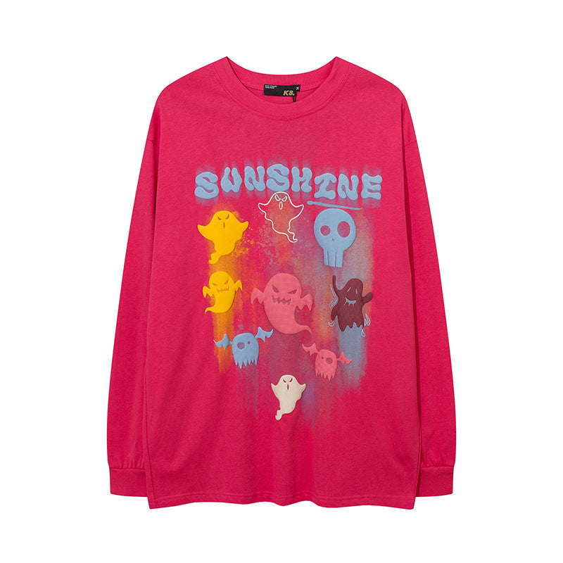 Vintage T Shirts Hip Hop Cartoon Foam Print Long Sleeve T-Shirt