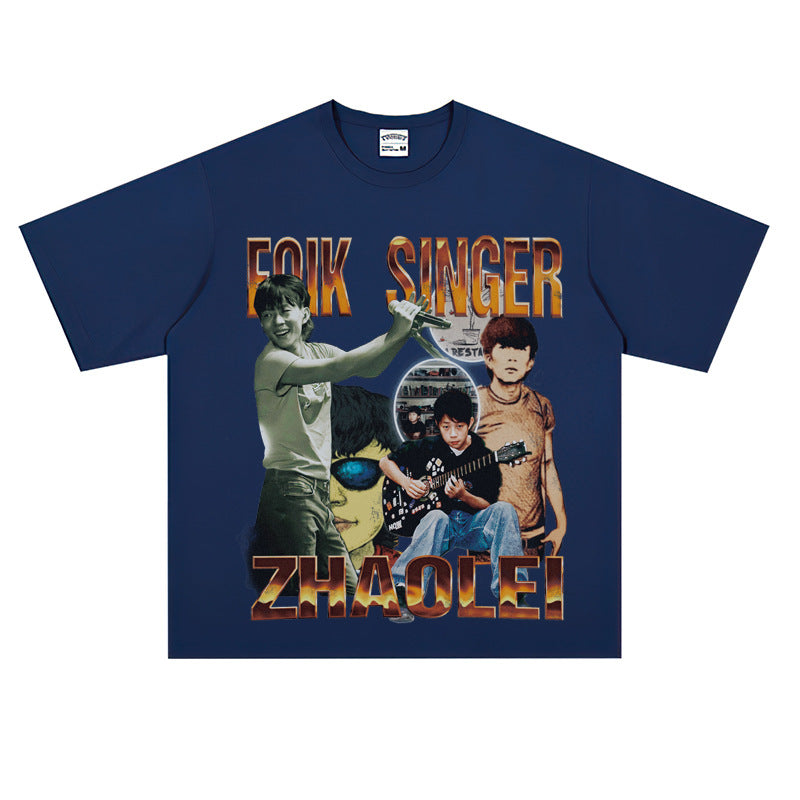 Film Star T Shirt Loose American Retro Street round Neck T-shirt Men and Women