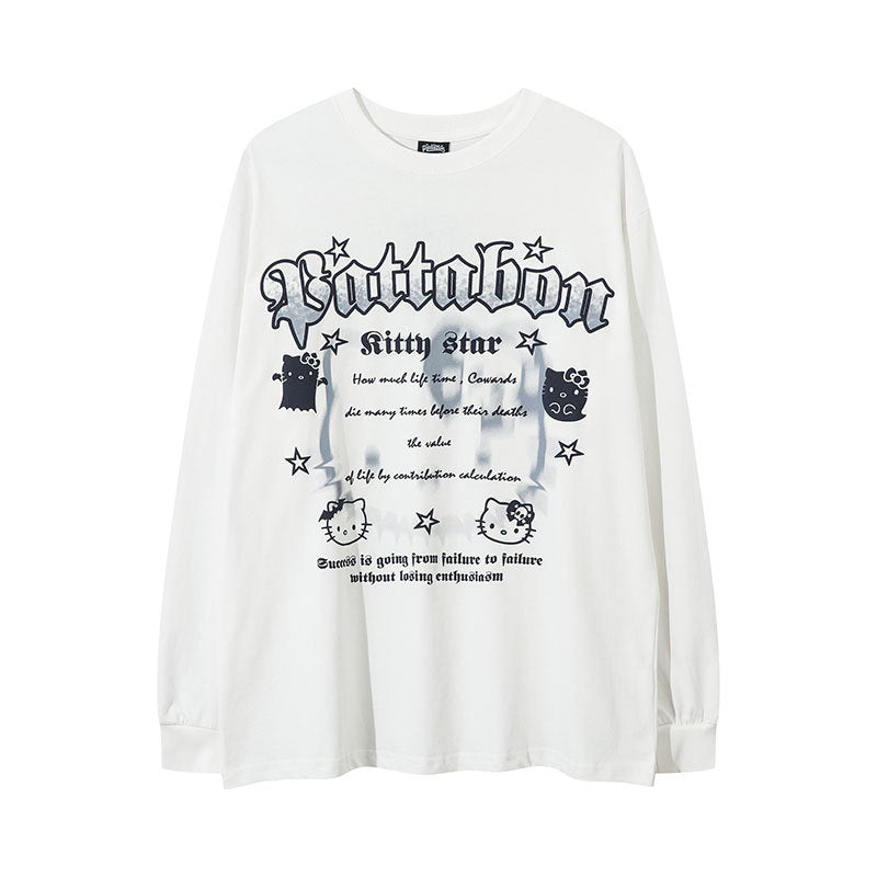 Marcas De Streetwear Vintage Cat Print Long Sleeve T-Shirt Loose Crew Neck Top