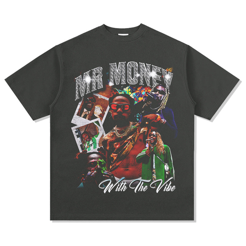 Marcas streetwear usa vintage hip hop Asake print short sleeve t-shirt