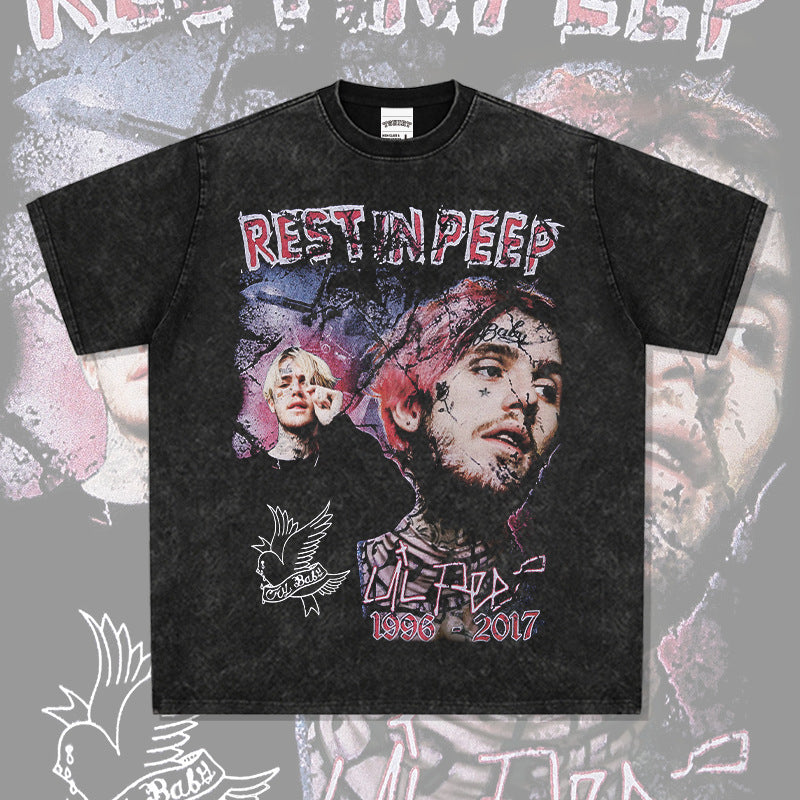 Streetwear masculino vintage LILPEEP character print short sleeve loose hiphop rap t-shirt