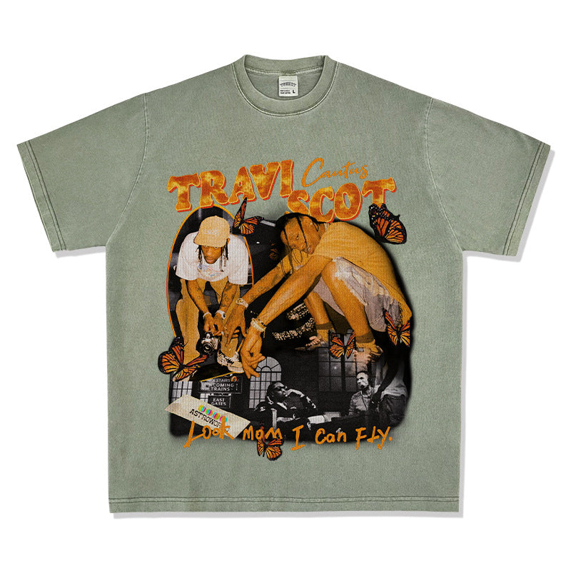 New york hip hop shop BC hip hop rap Travis Scott TS print short sleeve washed old t-shirt