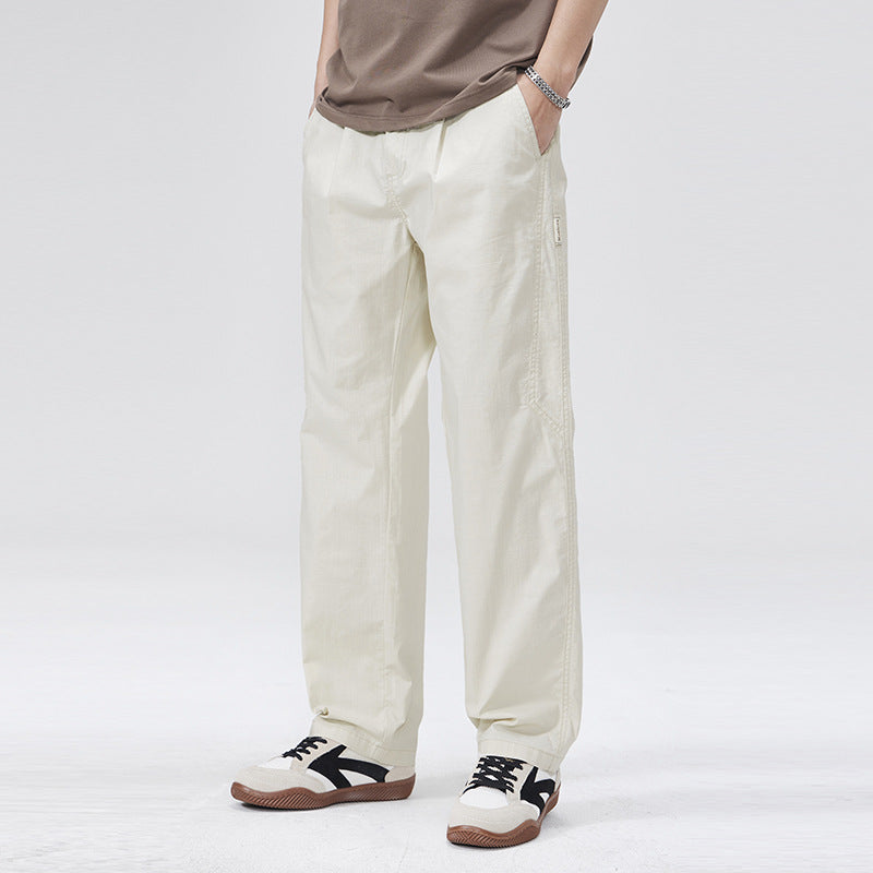Men Casual Pants Straight Spring Pants Textured Loose Wide Leg Tooling