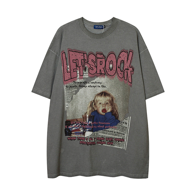 Vintage T Shirts Hip Hop Old Short Sleeve T-Shirt Summer Loose Graffiti Print