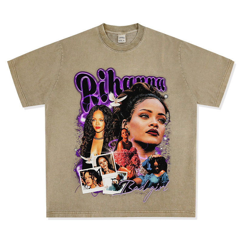 Streetwear masculino hip hop vintage Rihanna print short sleeve t-shirt VINTAGE