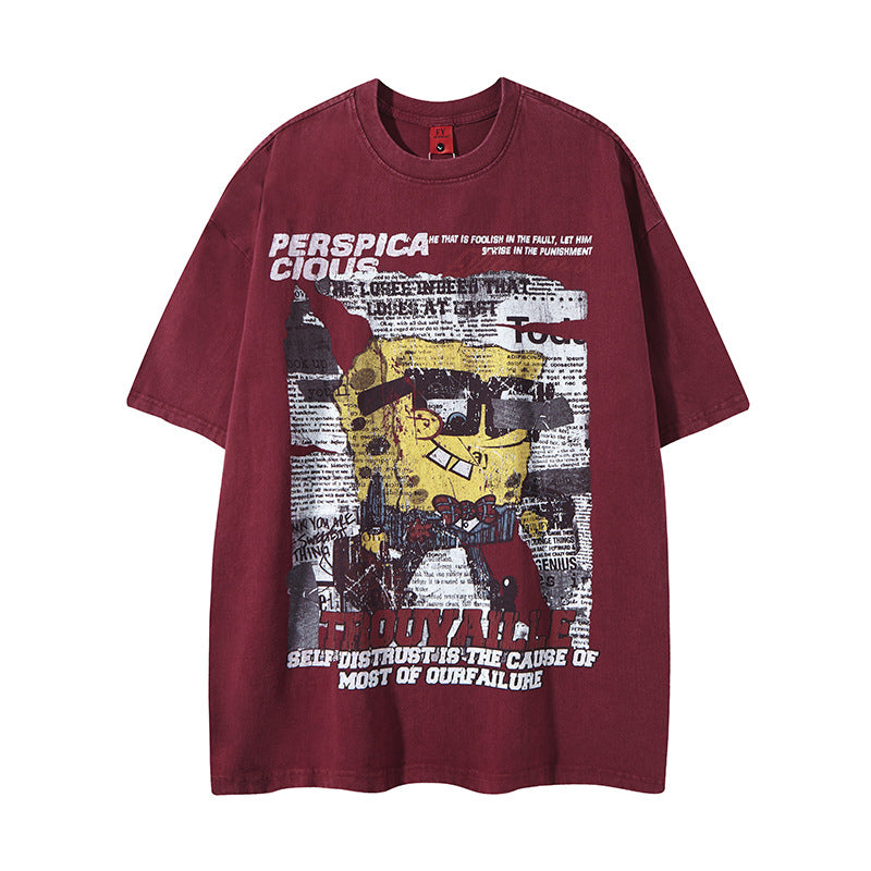 New York Hip Hop Style Old Crew Neck Short Sleeve T-Shirt Hip Hop Loose Top