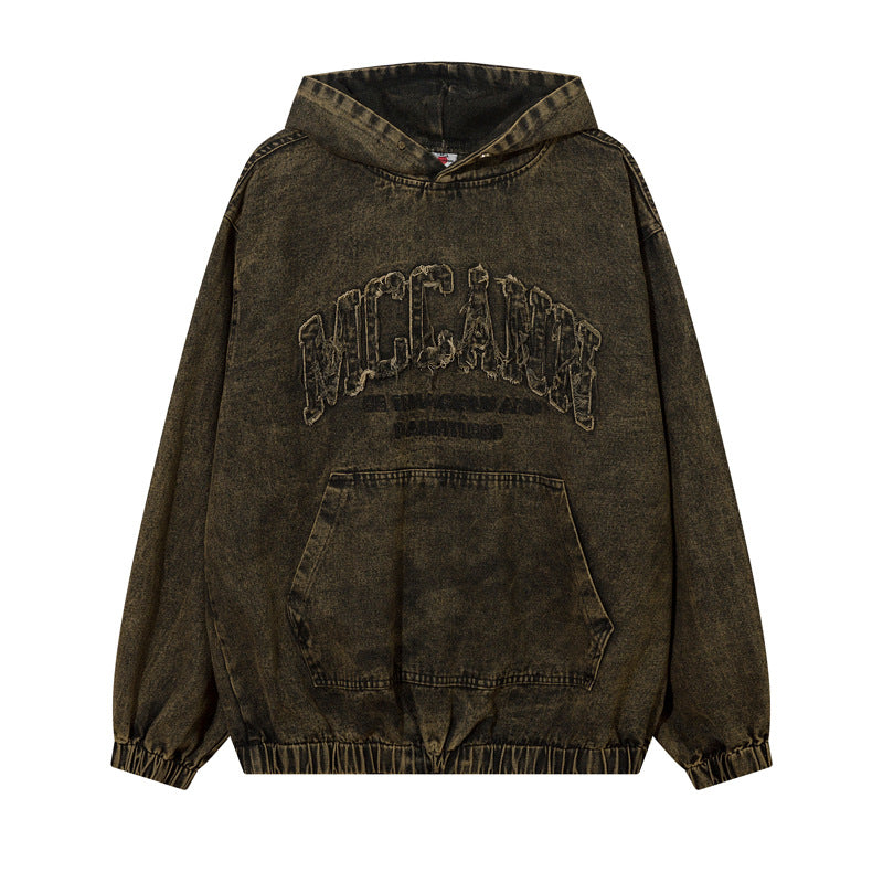 Streetwear Hoodie Vintage Washed Old Denim Hooded Sweater Embroidered Jacket