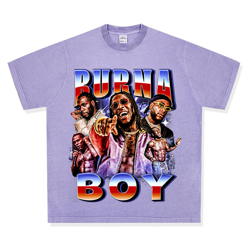 Streetwear masculino vintage hip hop Burna Boy print short sleeve t-shirt