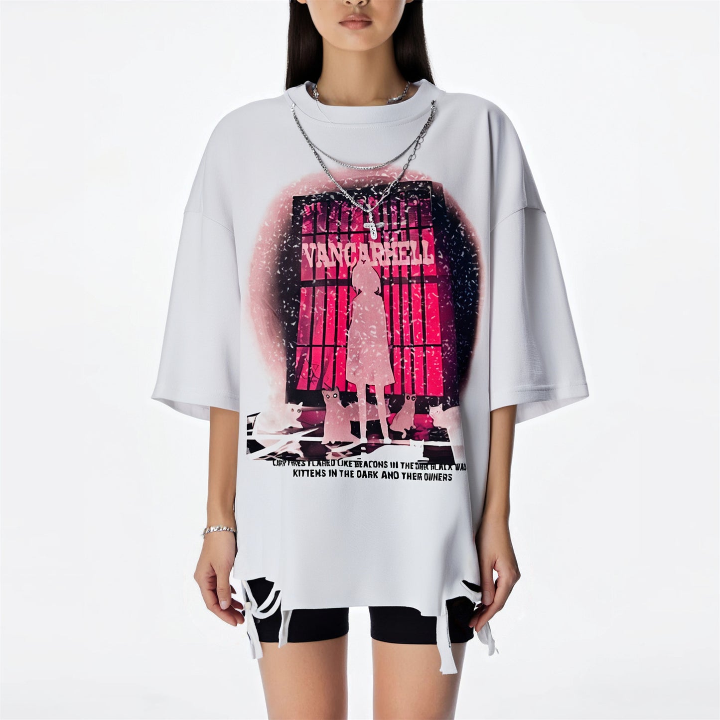 Distorted vintage necklace short sleeve t-shirt summer loose top