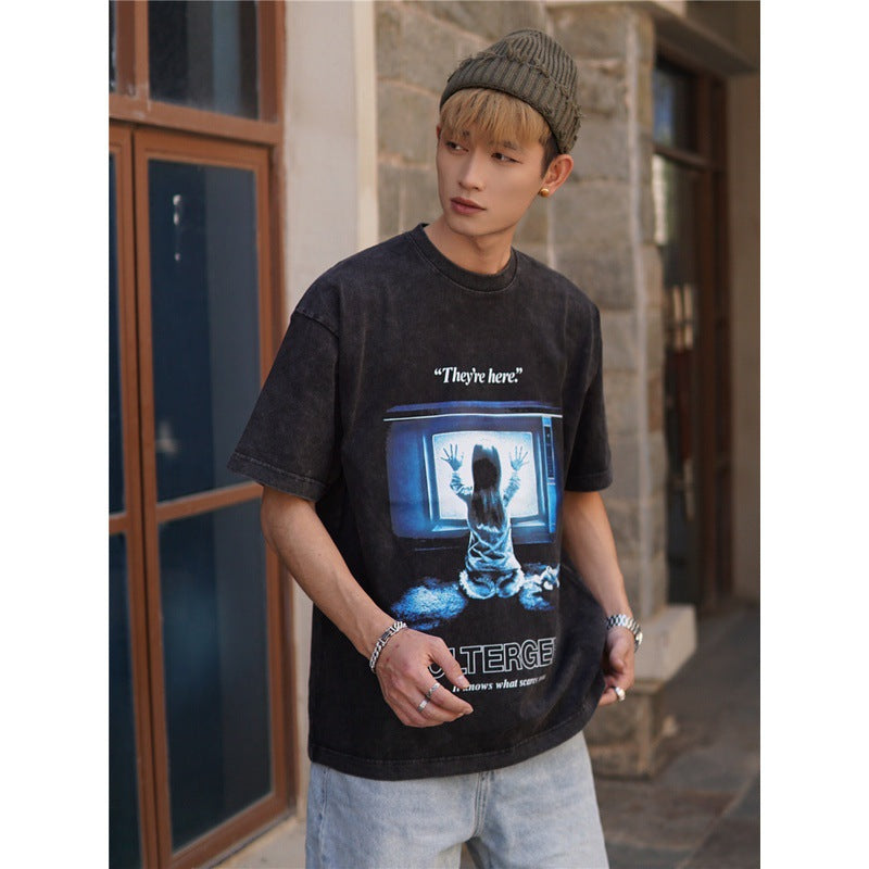 Film Star T Shirt Pure Cotton Loose Short Sleeve Retro Trendy round Neck Loose T-shirt for Men