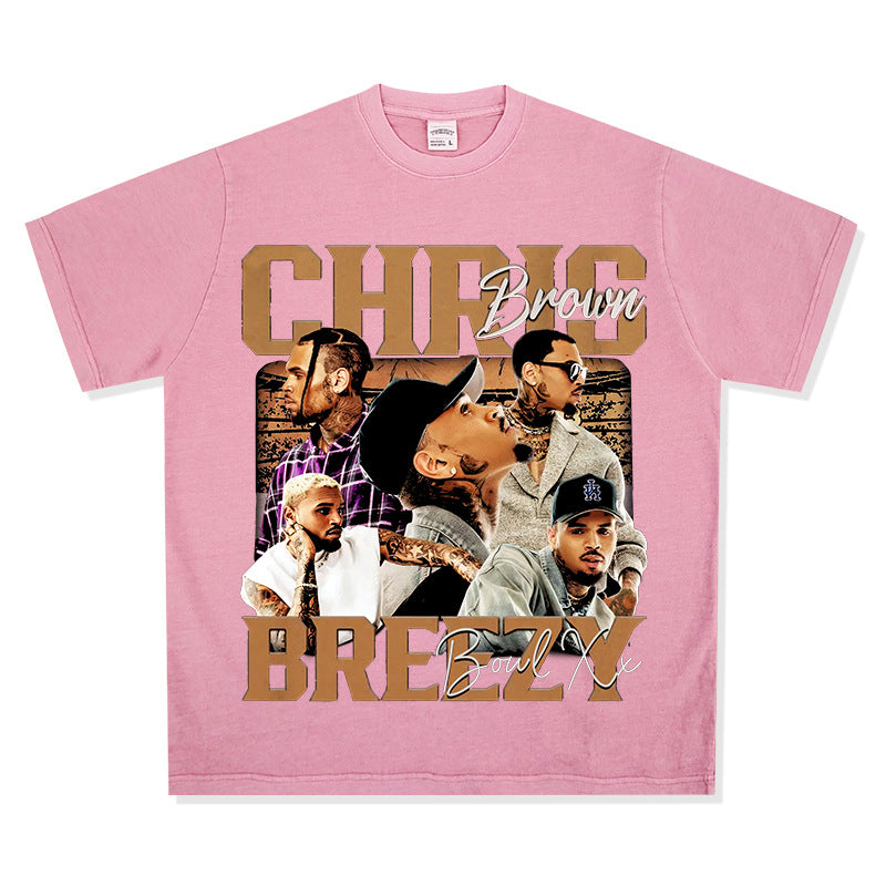Streetwear masculino vintage hip hop Chris Brown print short-sleeved t-shirt