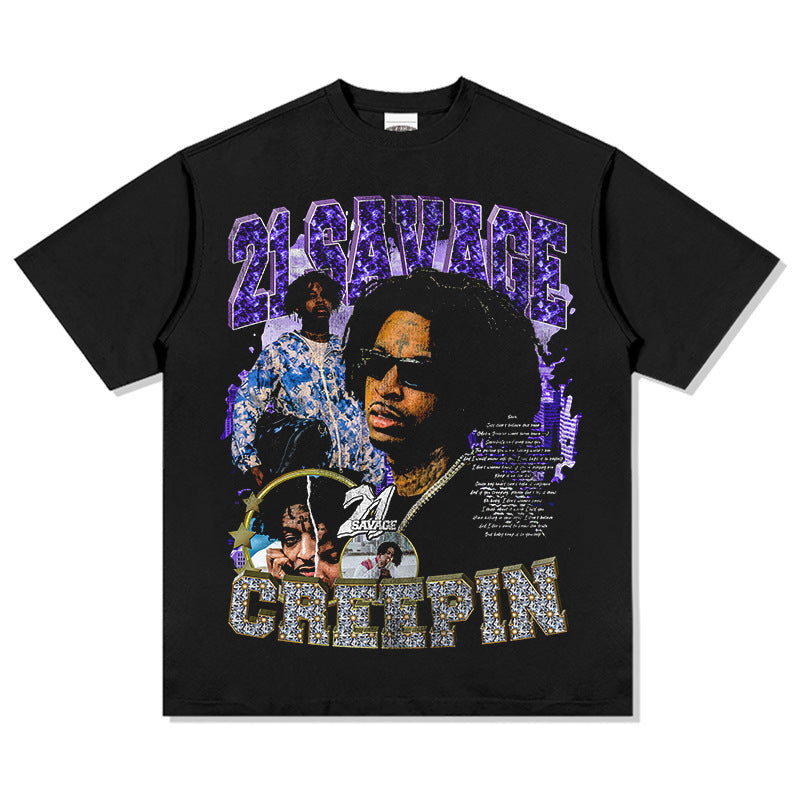 Streetwear Masculino Vintage, Hip Hop Savage 21Savage Print Short Sleeve T-Shirt