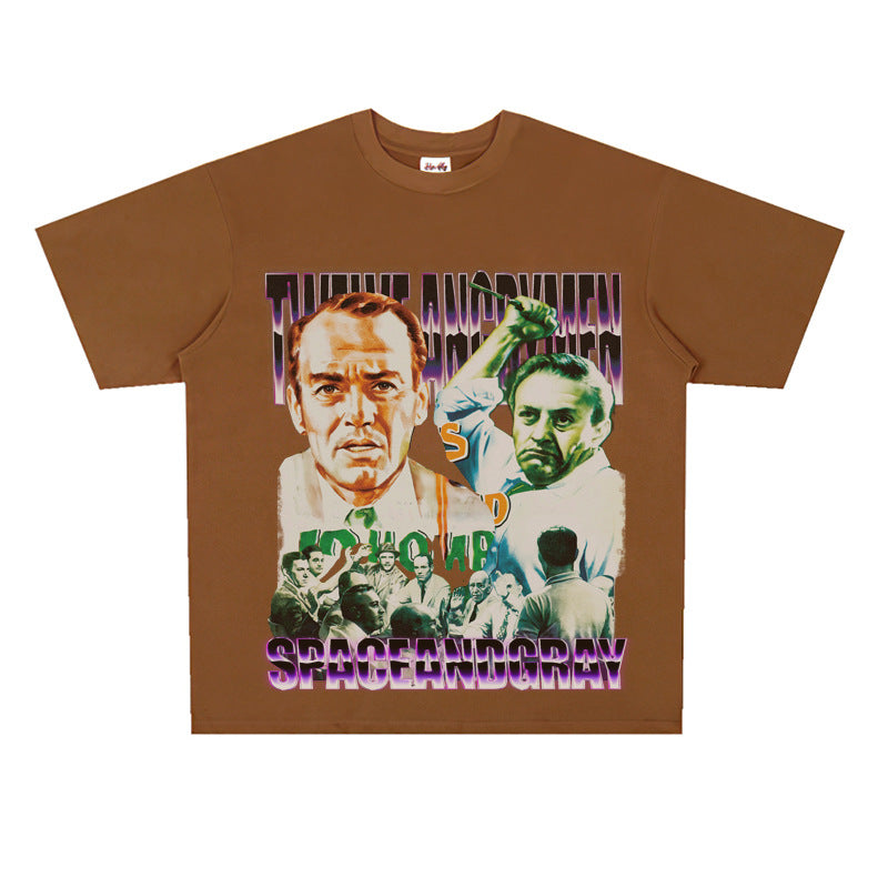 Film Star T Shirt Loose Retro Street Cotton Personality round Neck Print T-shirt
