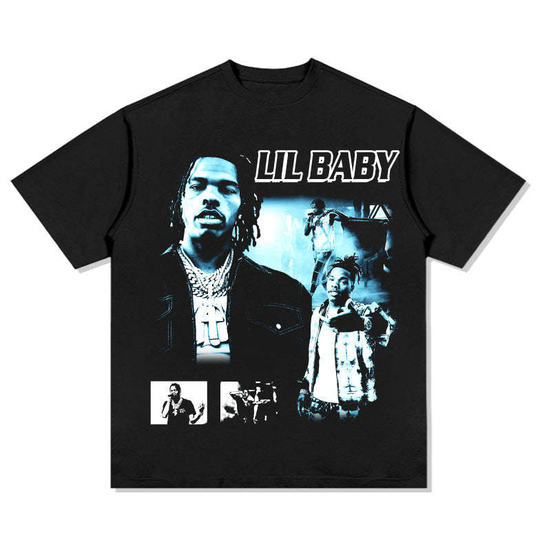 Cool t rapper vintage hip hop Lil Baby print short sleeve t-shirt loose Vintage