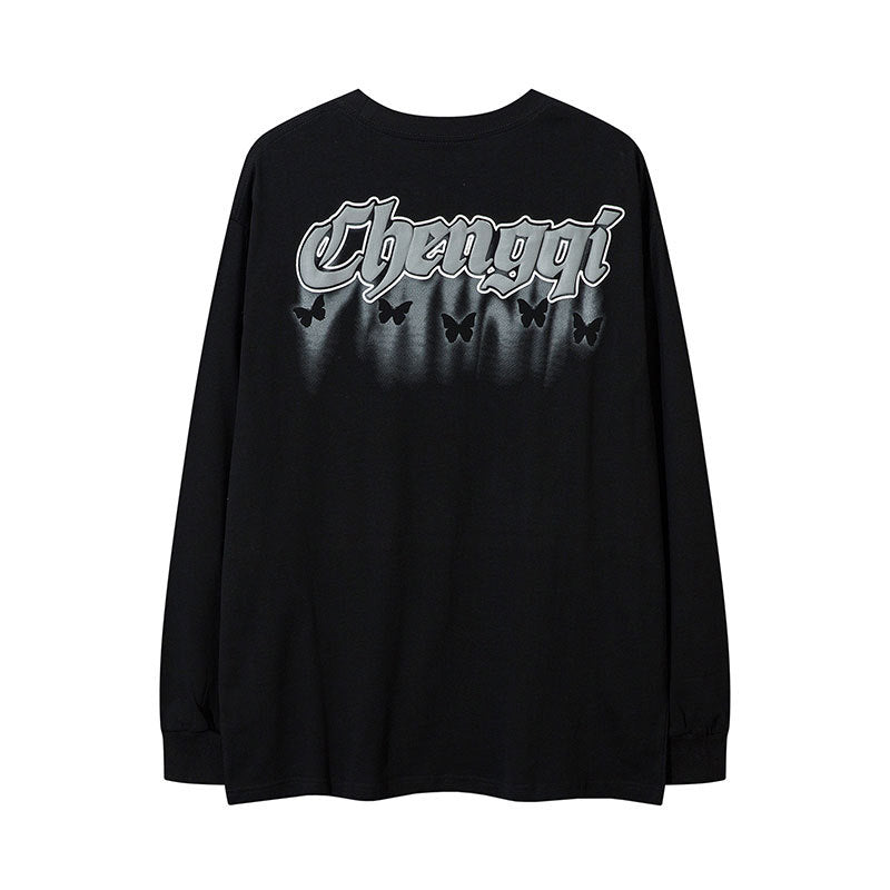 Marcas De Streetwear Autumn Long Sleeve T-Shirt Butterfly Graffiti Print Loose Top