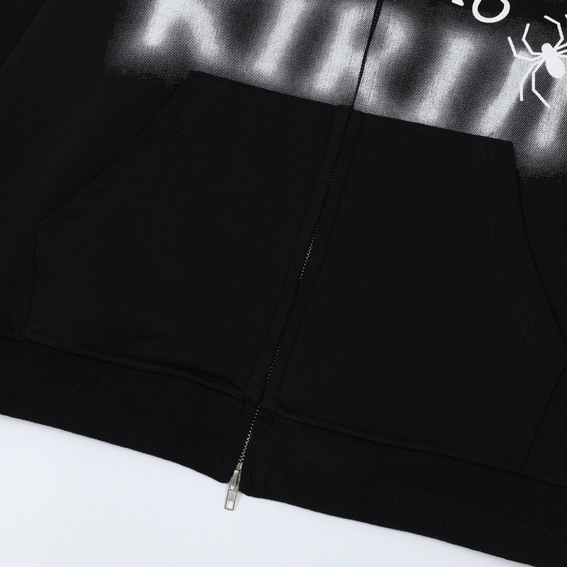 Streetwear Hoodie Vintage Spider Embroidered Hooded Sweater Loose Hip Hop Zip Cardigan Jacket