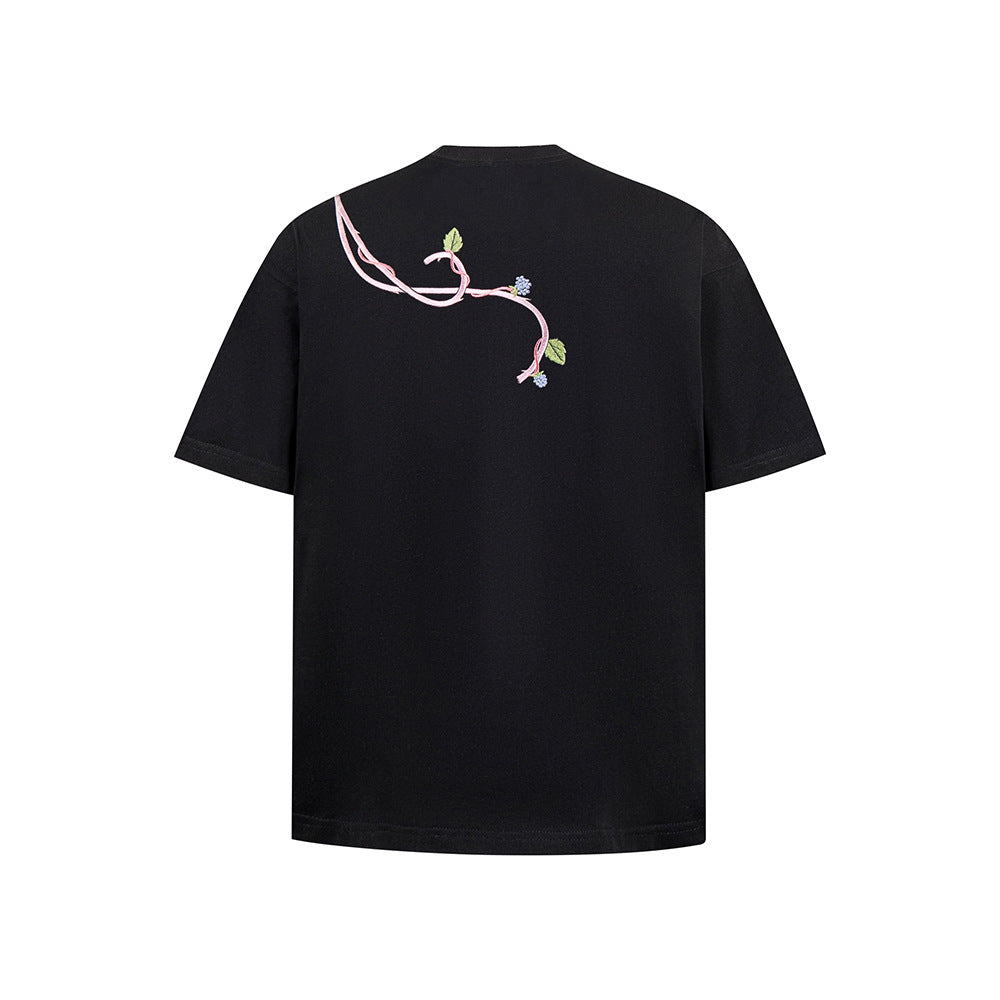 New York Hip Hop Style Vintage Floral Embroidery Crew Neck Short Sleeve T-Shirt