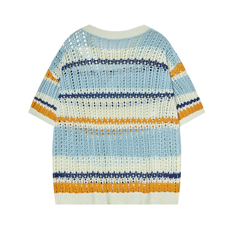 Camisas Retros Striped Contrast Crew Neck Knitted Short Sleeve T-Shirt
