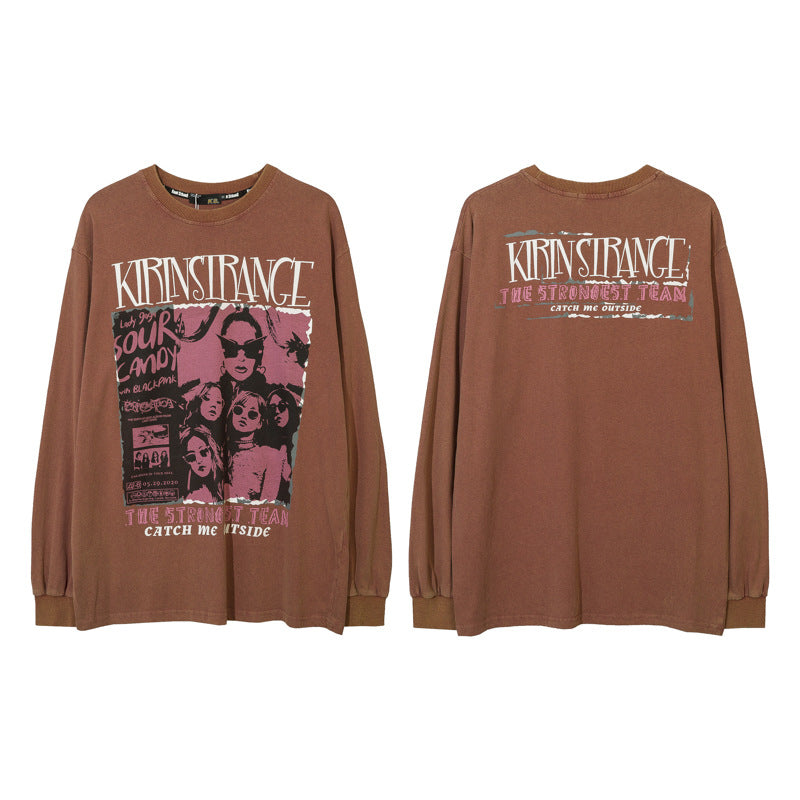 Vintage T Shirts Hip Hop Retro Portrait Print Long Sleeve T-Shirt Men's Autumn Loose Top