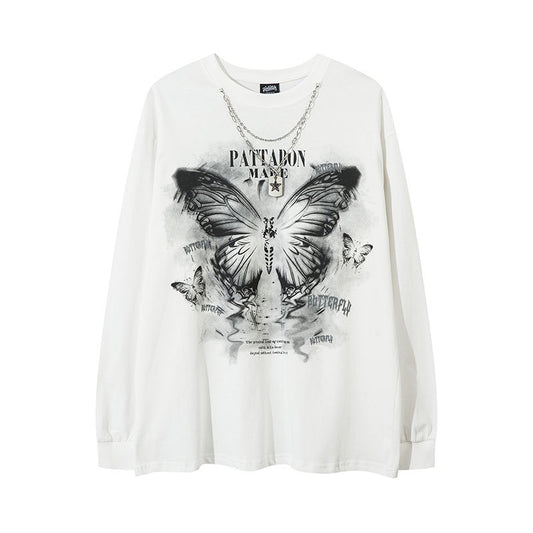 Marcas De Streetwear Butterfly Print Necklace Sweater Loose Long Sleeve T-Shirt