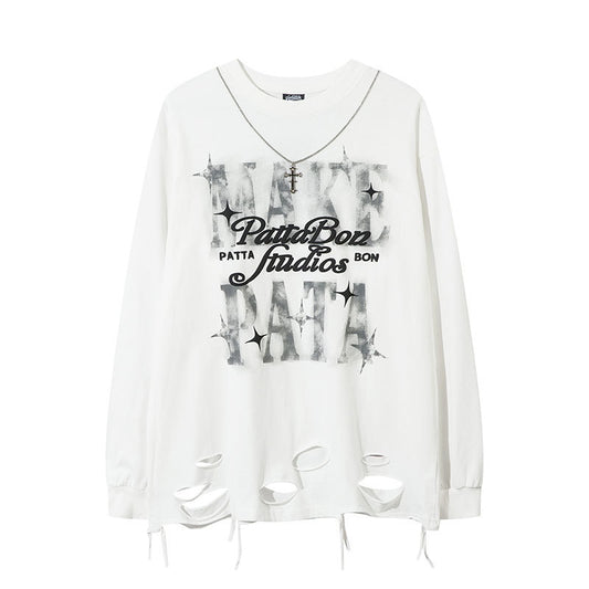 New York Hip Hop Style Long Sleeve T-Shirt Oversize Loose Crew Neck Ripped Top