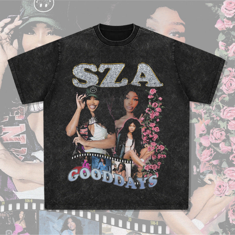 Streetwear masculino vintage rap SZA print short sleeve t-shirt oversize