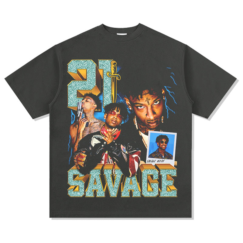 Streetwear masculino hip hop 21 savage print vintage hiphop short sleeve t-shirt
