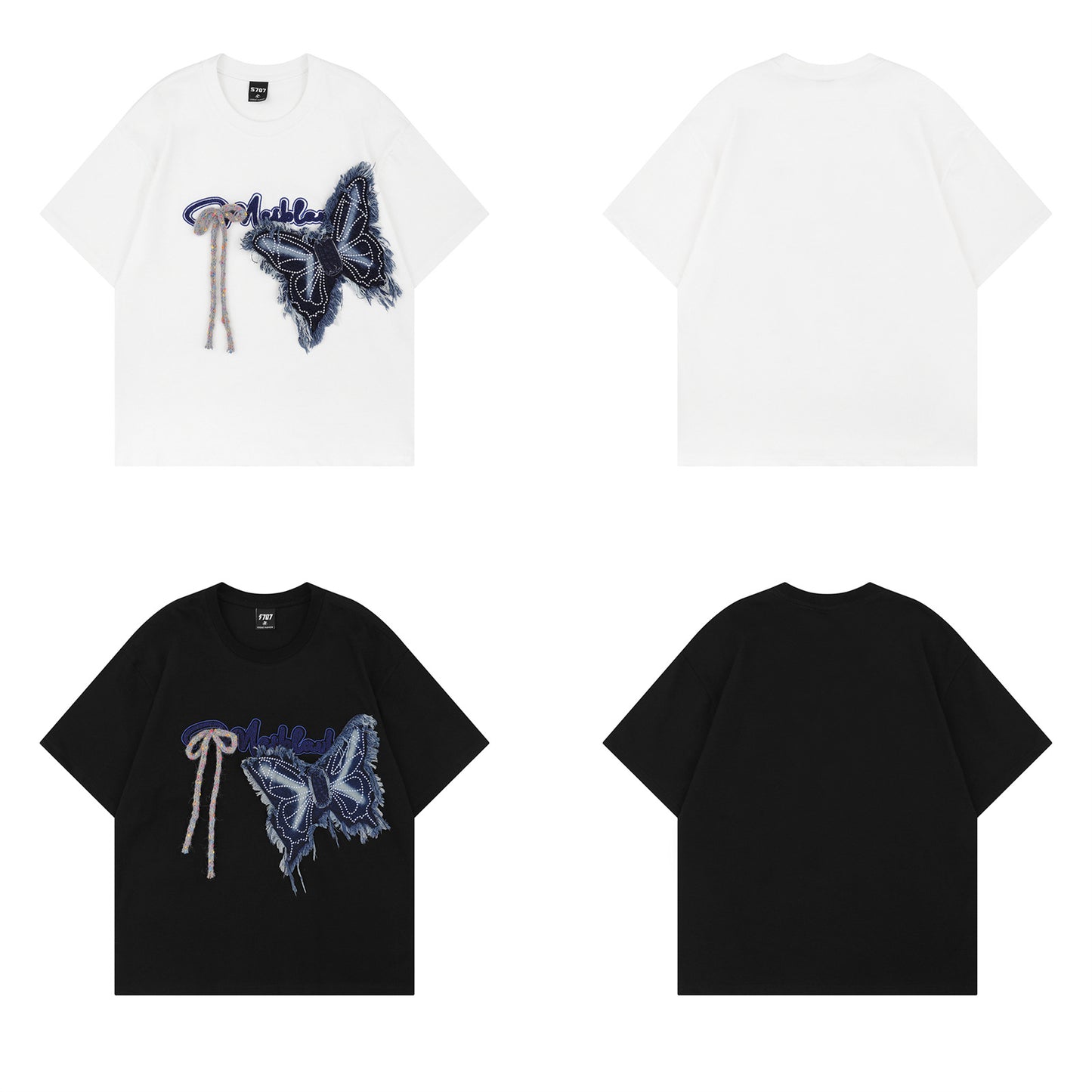 Distorted vintage butterfly embroidered short-sleeved t-shirt