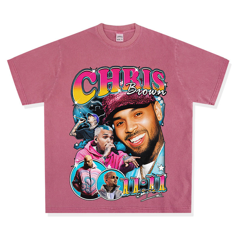 Streetwear masculino vintage Chris Brown print short sleeve t-shirt vintage