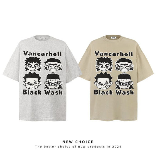 American vintage street T-shirt cartoon character print men loose half sleeve