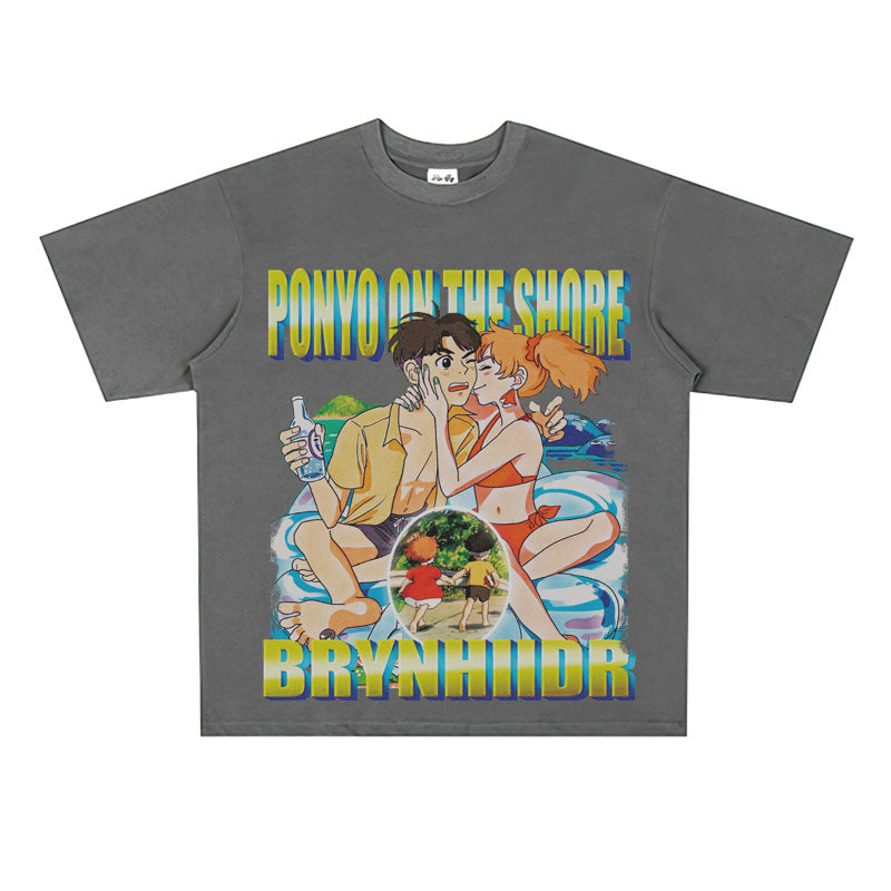 Film Star T Shirt Japanese Cartoons Animation Ponyo on the Cliff by the Sea Movie Loose Heavy Street Cotton T-shirt