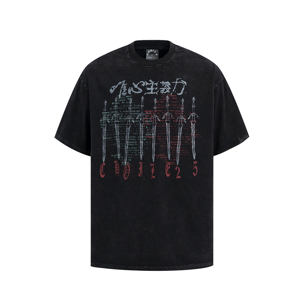 Nostalgia T Shirts Vintage Washed Short Sleeve T-Shirt Summer Sword Print Loose Casual