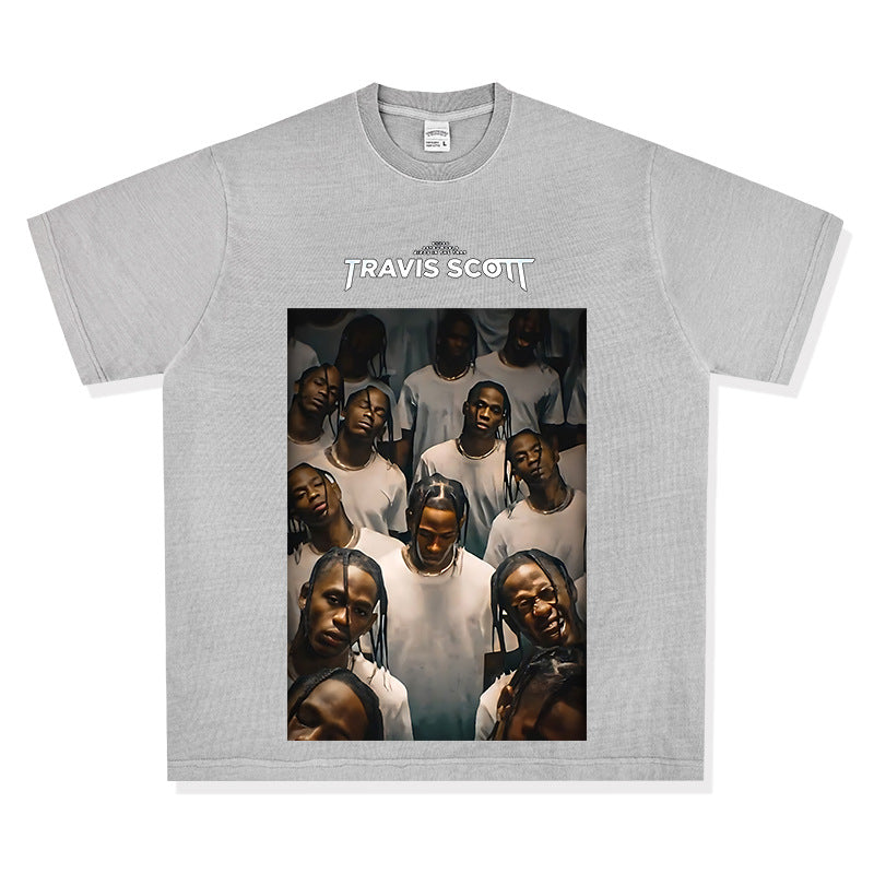 Streetwear masculino hip hop Travis scott rap character print washed do old loose short sleeve t-shirt
