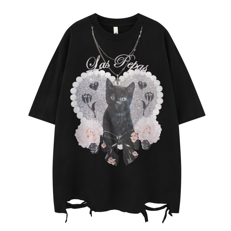 US drip outfits summer vintage love black cat print casual loose short sleeve T-Shirts