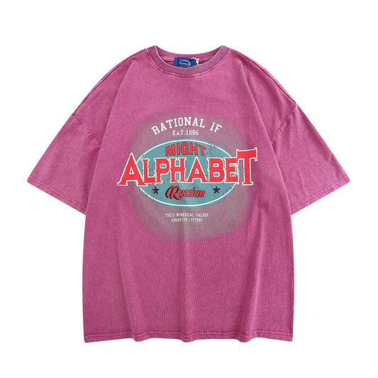 Hustle vintage washed old t-shirt retro letter print short sleeve