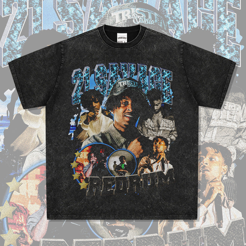 Outfit streetwear vintage hip hop 21 Savage print short sleeve t-shirt
