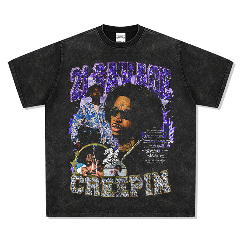 Streetwear Masculino Vintage, Hip Hop Savage 21Savage Print Short Sleeve T-Shirt