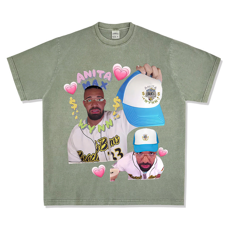 Outfit streetwear vintage hip hop drake print short sleeve t-shirt