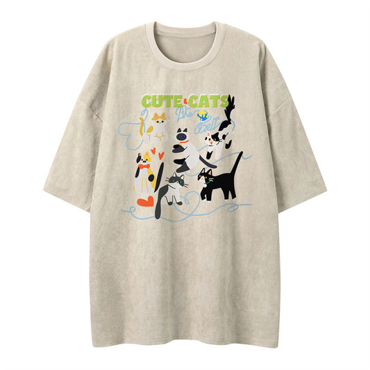 US drip outfits Summer Vintage Kitten Casual Loose Short Sleeve T-Shirts