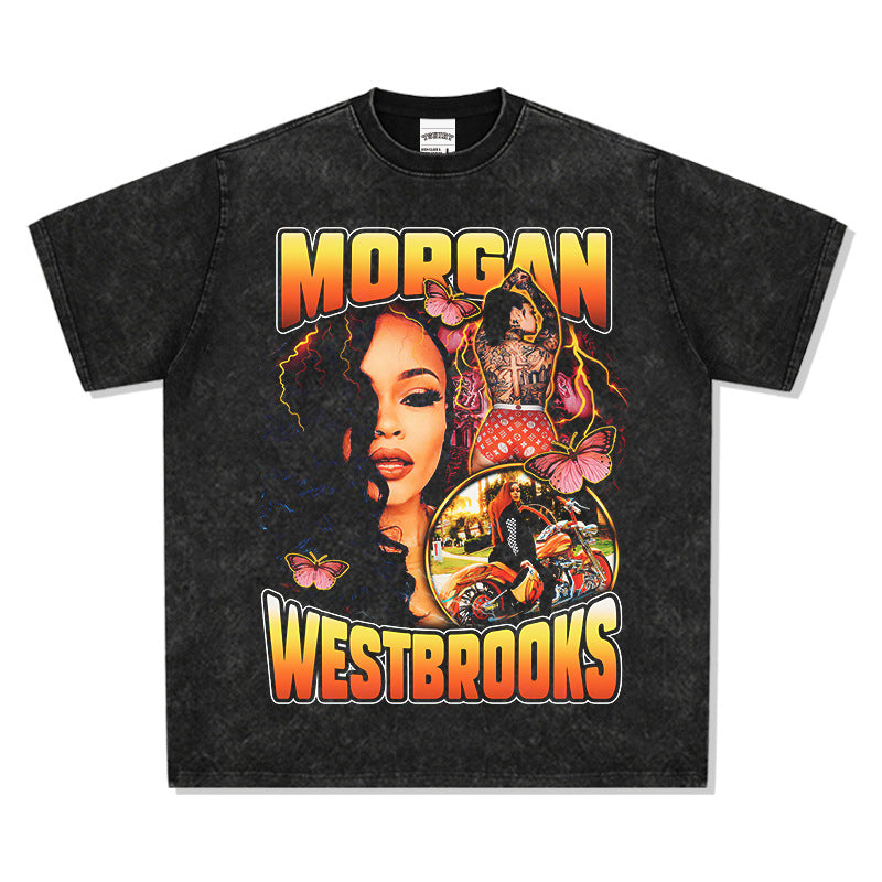 Outfit streetwear vintage hip hop morgan print short sleeve t-shirt