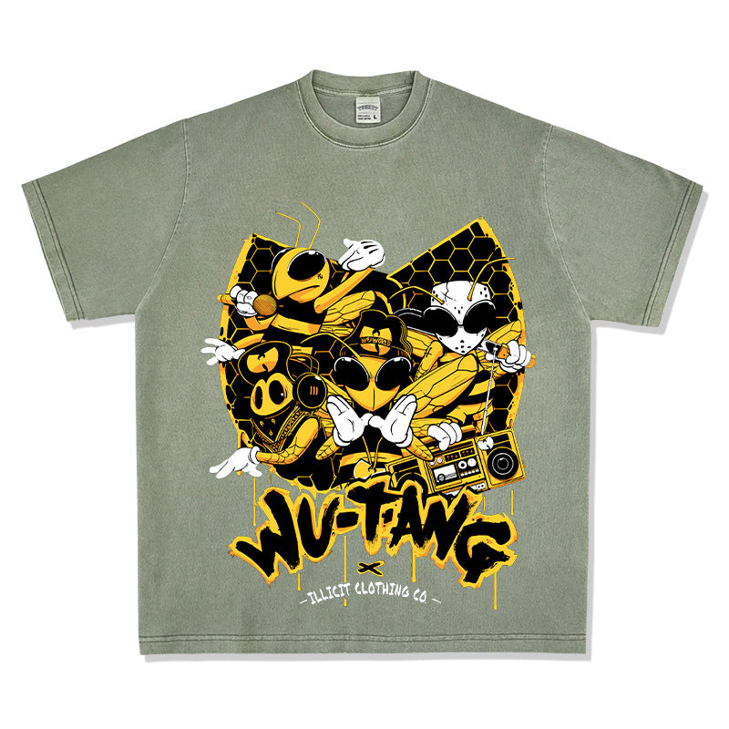 Streetwear masculino wu-tang print vintage short-sleeved t-shirt