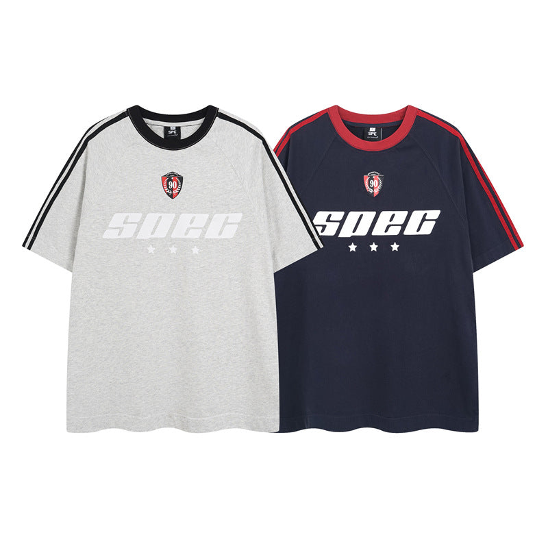 Y2K mens shirt retro round neck splicing men's short-sleeved T-shirt