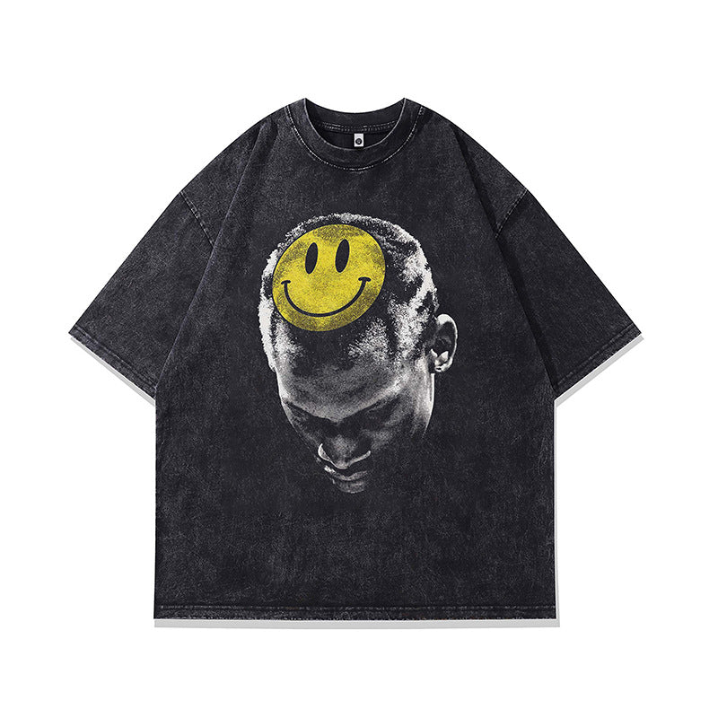 Ropa Vintage Hombre Hip Hop Oversize Washed Portrait Print Short Sleeve T-Shirt