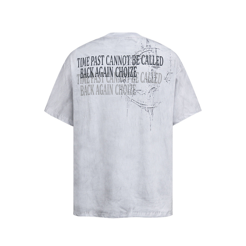 Nostalgia T Shirts Vintage Letter Print Front Shoulder Short Sleeve Loose Casual T-Shirt
