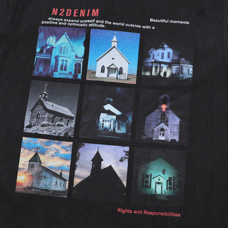 Stone Wash T shirt Building Print Short Sleeve T-Shirt