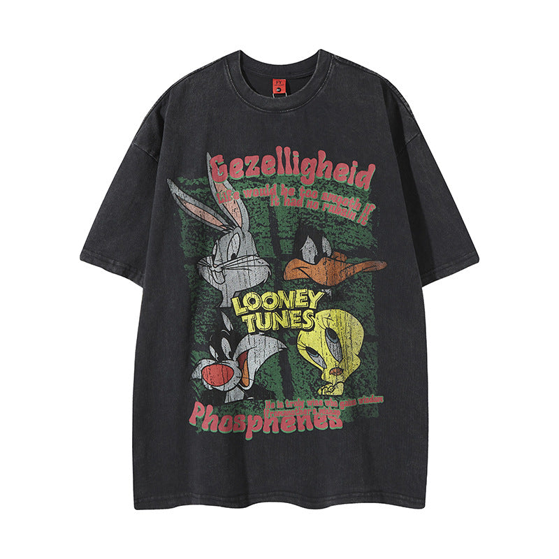 Hip Hop Clothes New York Vintage Washed Old Alphabet Embroidery Short Sleeve Loose Hip Hop T-Shirt