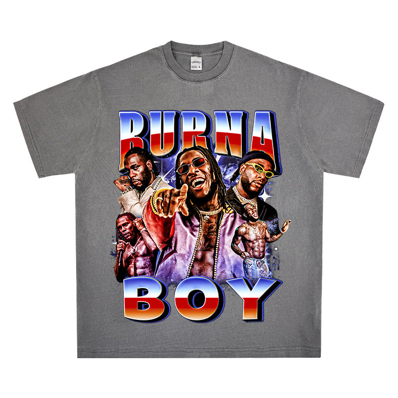 Streetwear masculino vintage hip hop Burna Boy print short sleeve t-shirt