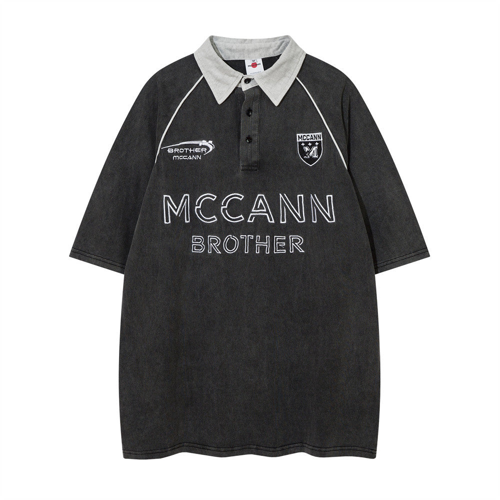 Racing oversized t shirt short-sleeved polo shirt summer embroidered letters washed old lapel T-shirt