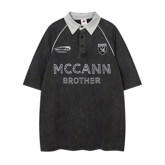 Racing oversized t shirt short-sleeved polo shirt summer embroidered letters washed old lapel T-shirt