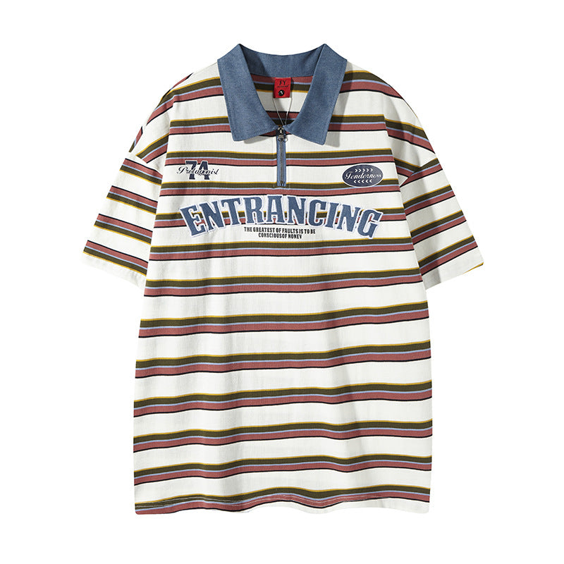 New York Hip Hop Style Vintage Striped Short Sleeve POLO Shirt Summer Alphabet Embroidered Lapel T-Shirt